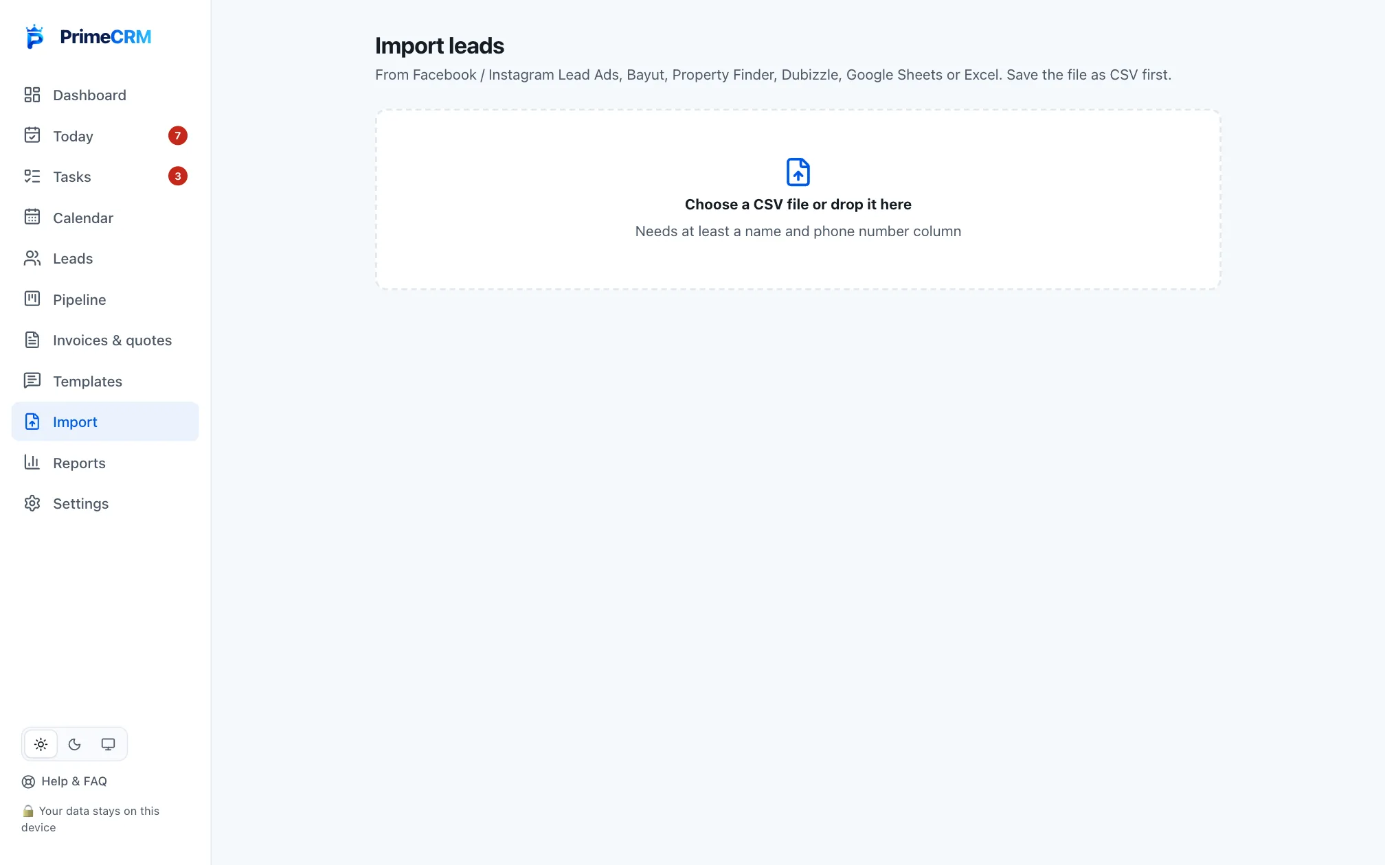 Prime CRM Import Leads screen with sample data