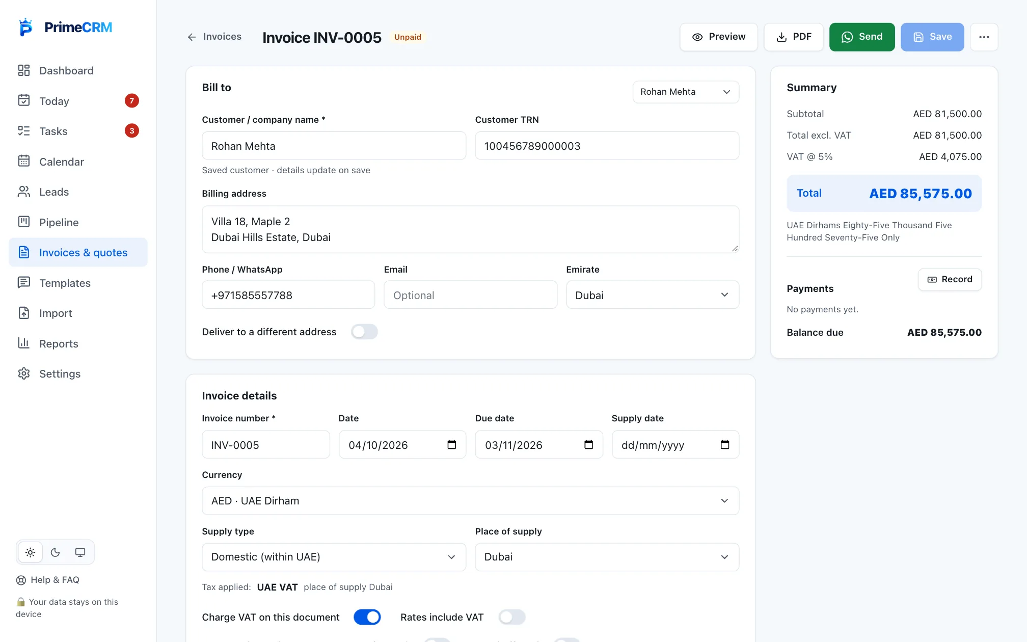 Prime CRM VAT Invoice Editor screen with sample data