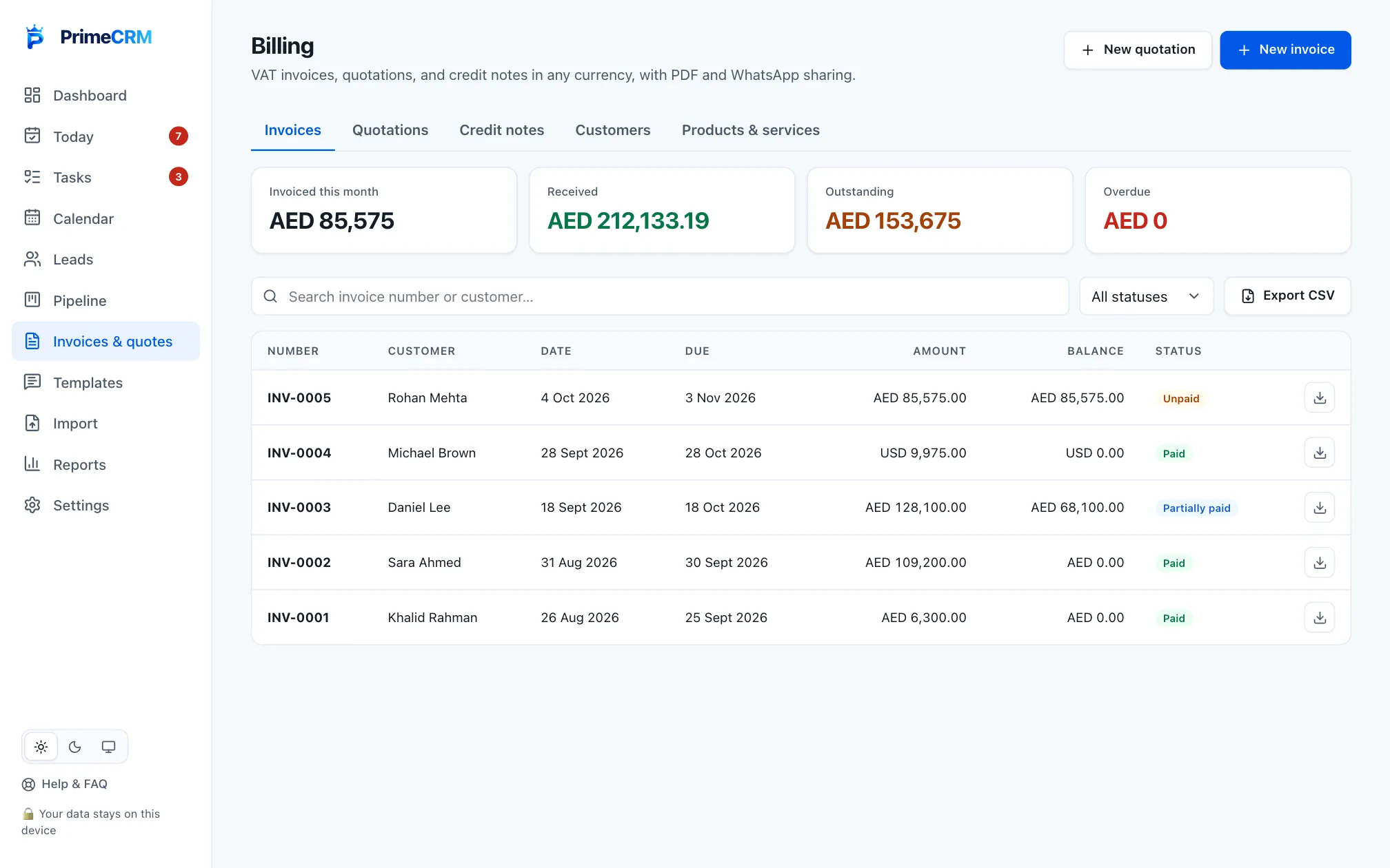 Prime CRM Invoices screen with sample data
