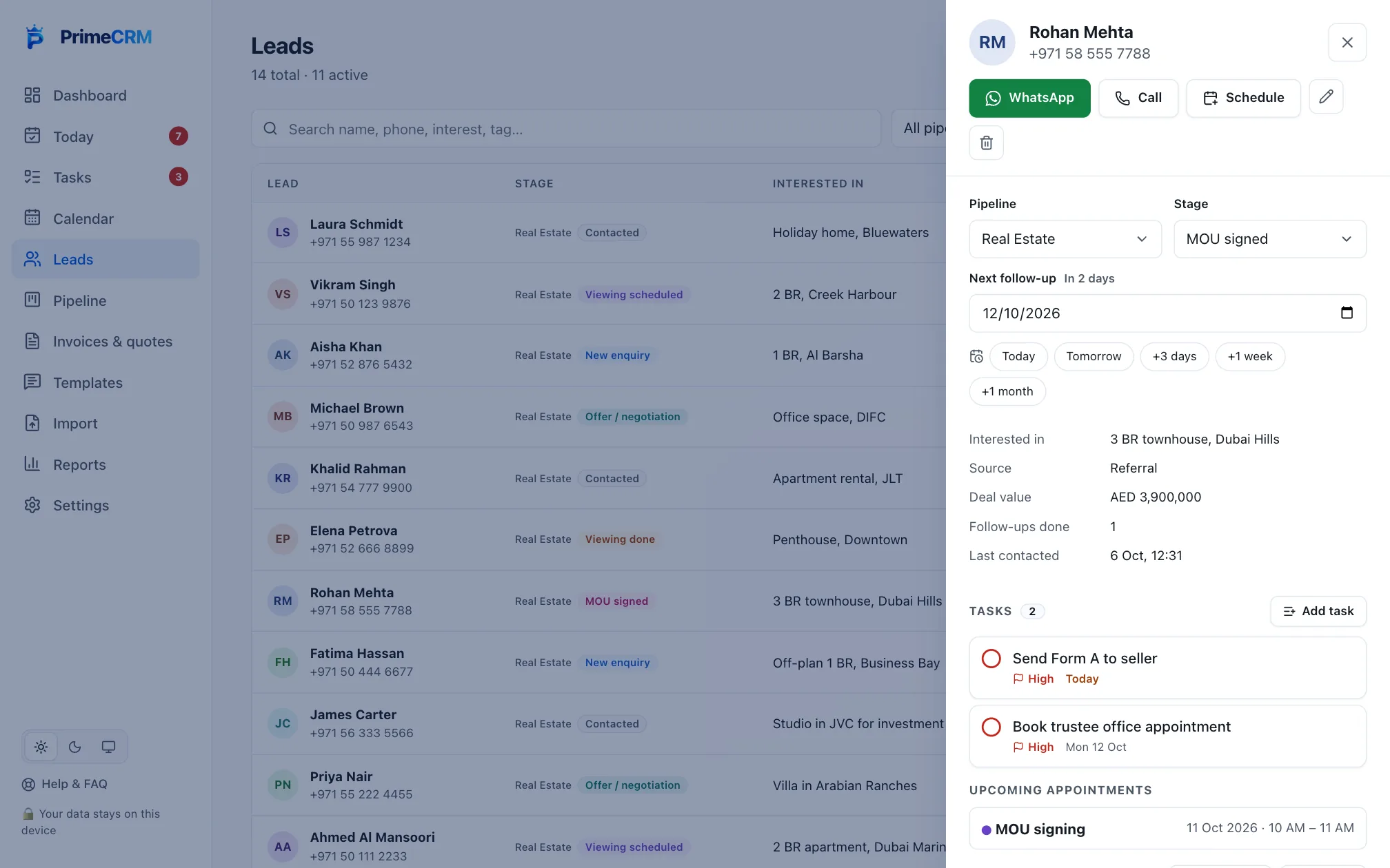 Prime CRM Lead Profile screen with sample data