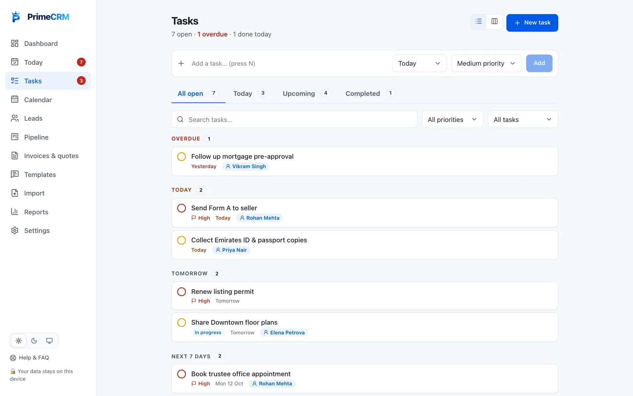Prime CRM Tasks screen with sample data