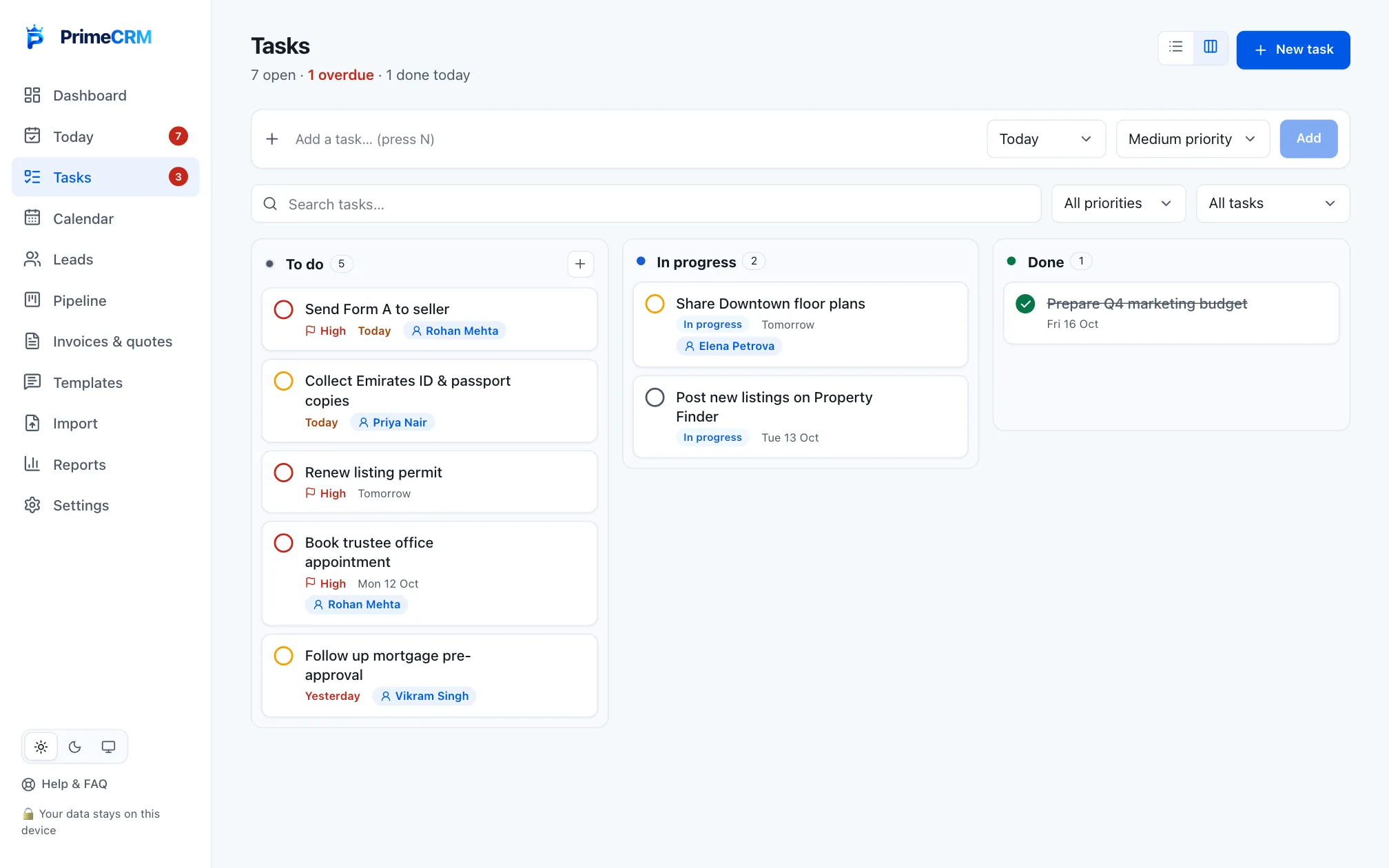 Prime CRM Task Board screen with sample data