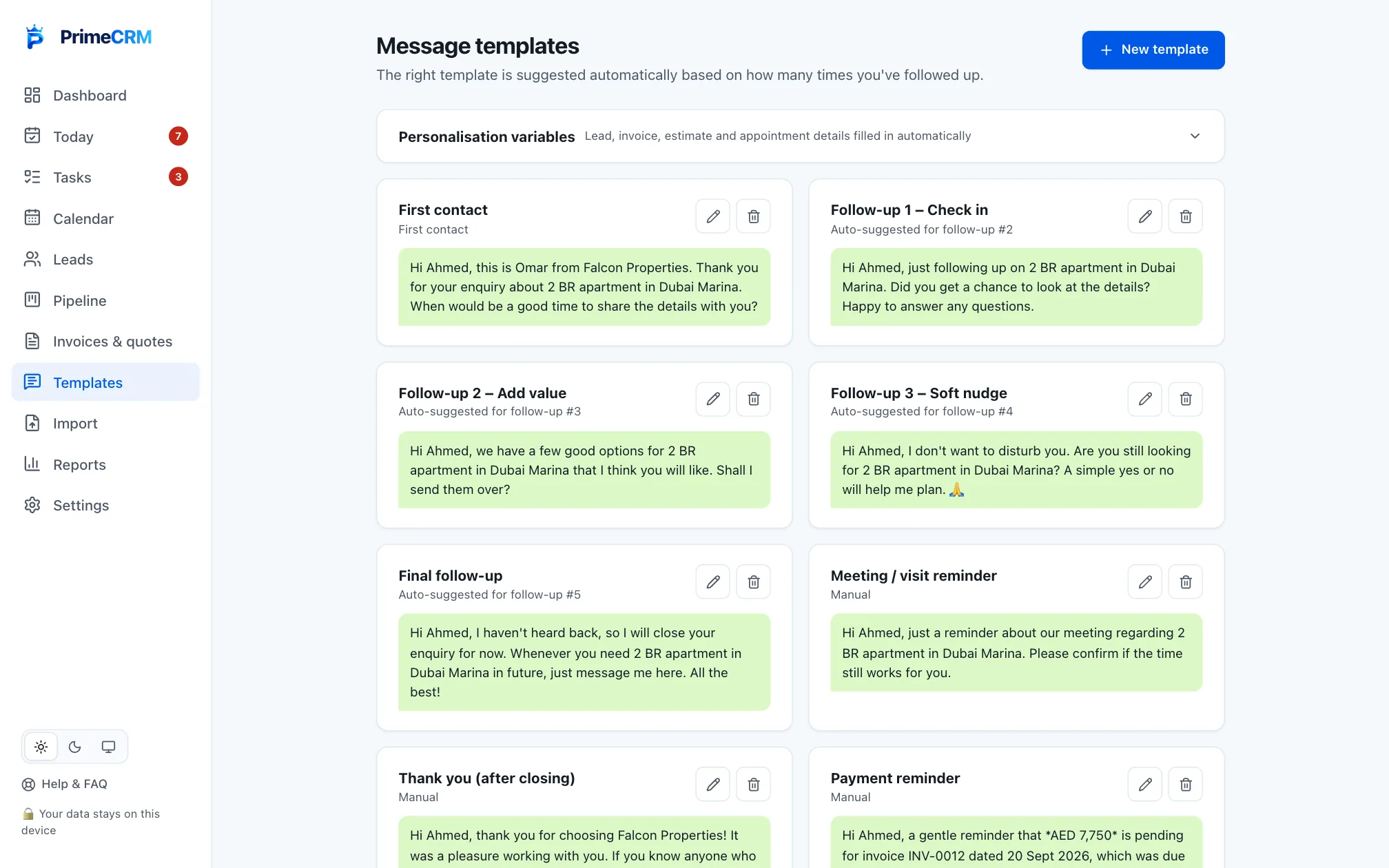 Prime CRM Templates screen with sample data